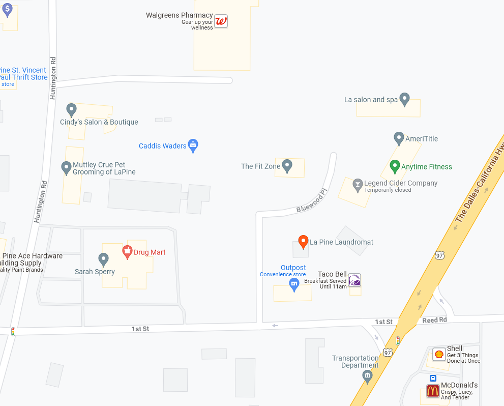 La Pine Laundromat location map in downtown La Pine Oregon